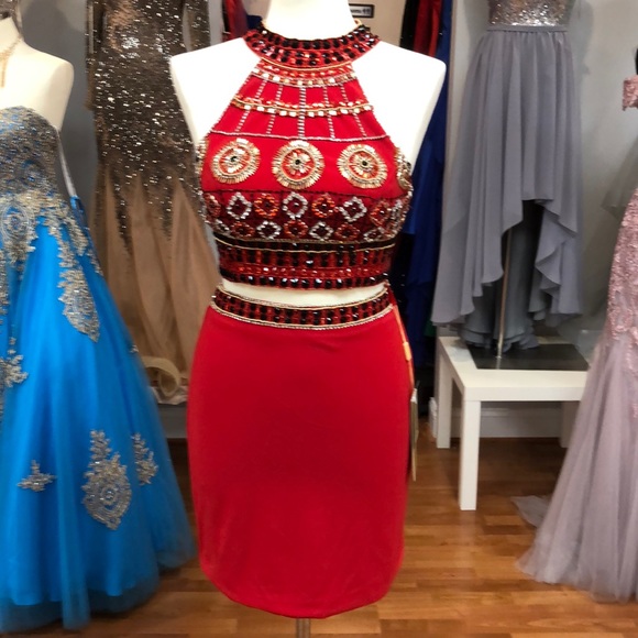 red prom dress with rhinestones